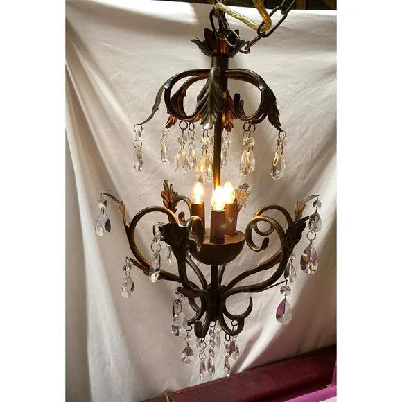 Chandelier 3 Light Antique Rubbed Brass Leaf Scroll 31 2-Tier Prism Crystals - Picture 16 of 16